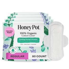 The Honey Pot Company - 80ct - Herbal Sanitary Pads for Women - Regular Flow w/Wings - Infused w/Essential Oils for Cooling Effect & Organic Cotton Cover - Feminine Care