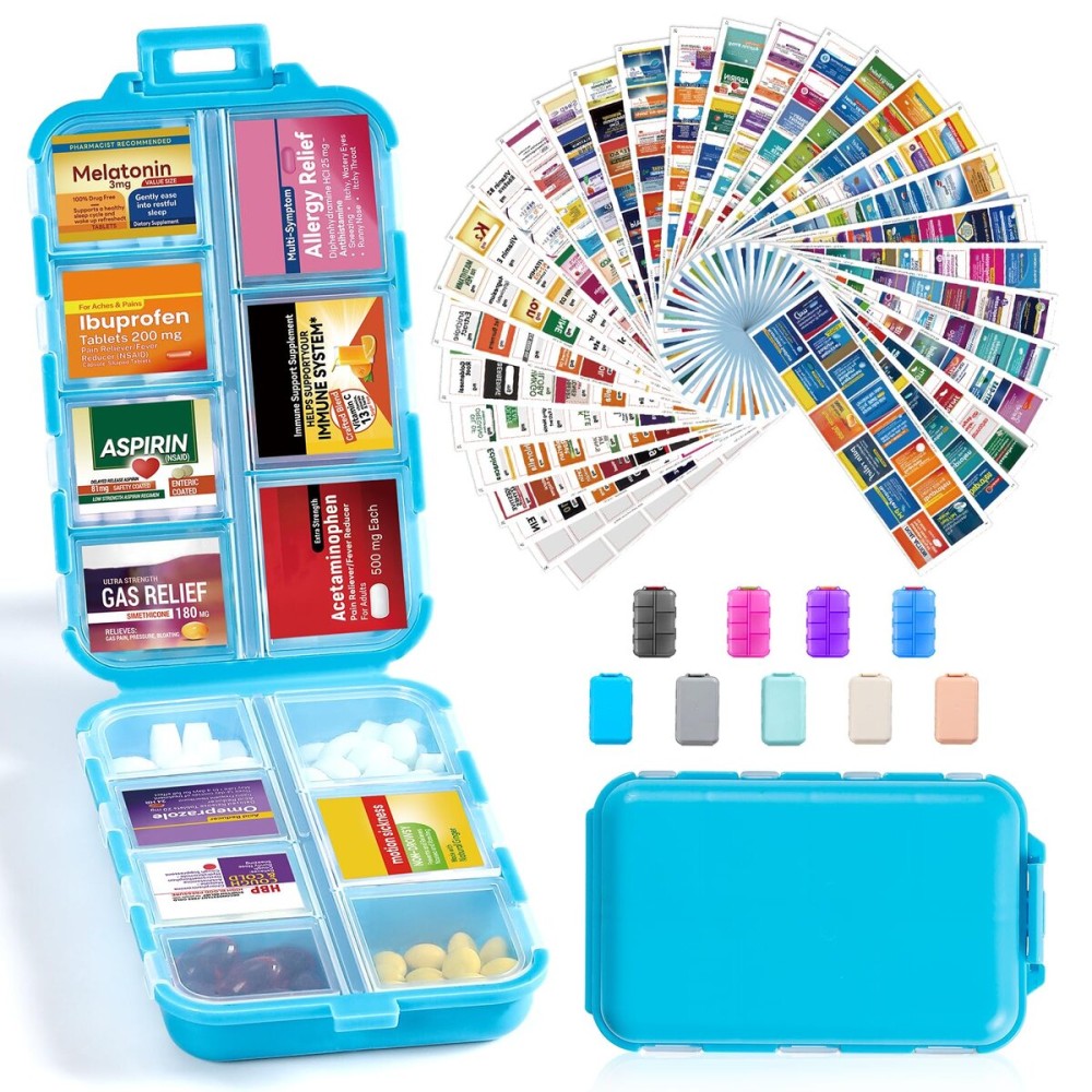 14 Grids Travel Pill Organizer Box with 415-Pcs Medicine Name Labels - Pocket Daily Pharmacy Case Container Kit - Travel Medication Holder Dispenser for Fish Oil Vitamin Supplement Storage - Blue