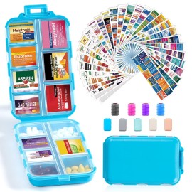 14 Grids Travel Pill Organizer Box with 415-Pcs Medicine Name Labels - Pocket Daily Pharmacy Case Container Kit - Travel Medication Holder Dispenser for Fish Oil Vitamin Supplement Storage - Blue