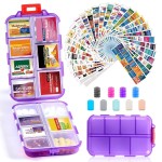 14 Grids Travel Pill Organizer Box with 415-Pcs Medicine Name Labels, Pocket Daily Pharmacy Case Container, Travel Medication Holder Dispenser Kit for Fish Oil Vitamin Supplement Storage -Clear Purple