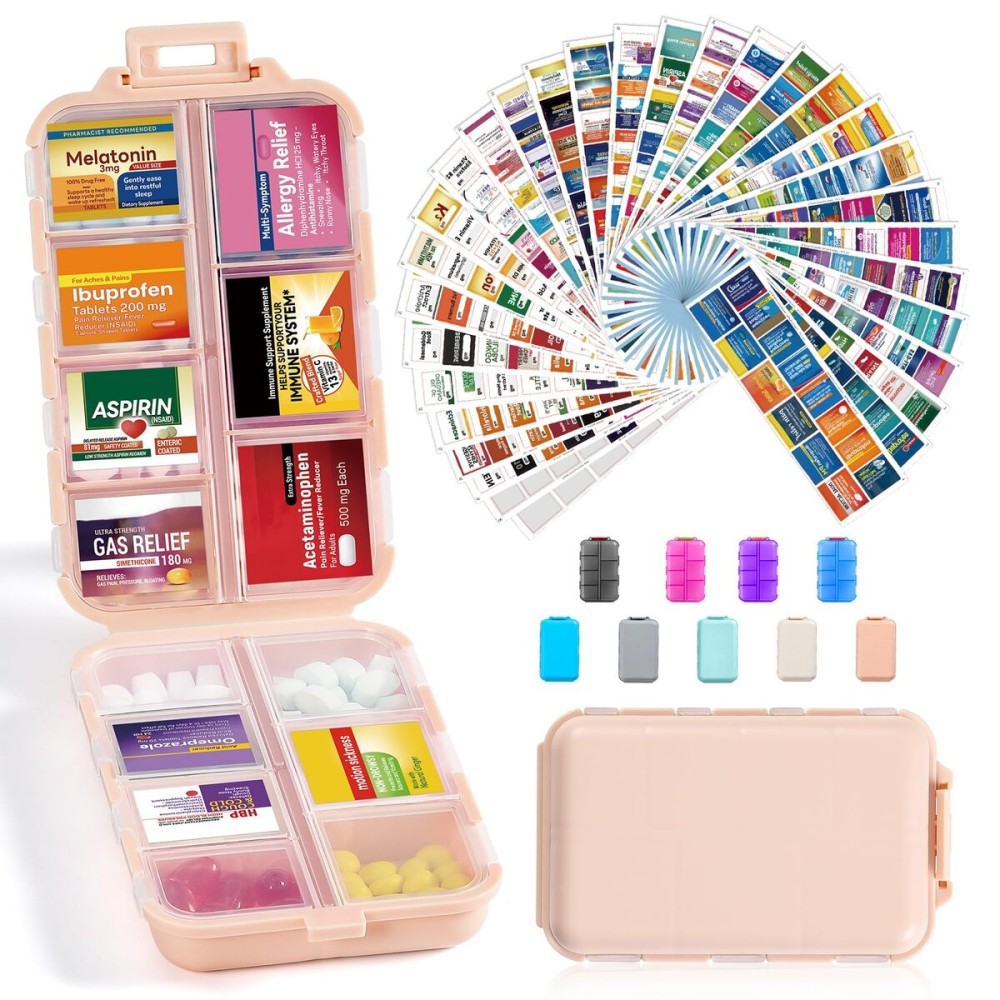 14 Grids Travel Pill Organizer Box with 415-Pcs Medicine Name Labels - Pocket Daily Pharmacy Case Container Kit - Travel Medication Holder Dispenser for Fish Oil Vitamin Supplement Storage - Pink