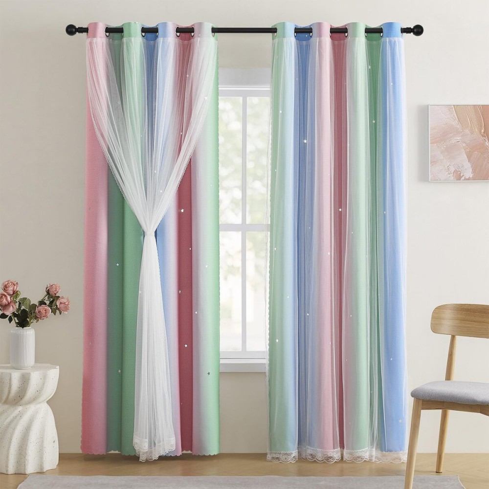 XiDi Pink & Rainbow Curtains for Kids & Girl Rooms - Blackout, Unicorn Wall Decals, 52x84 Inch