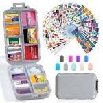 14 Grids Travel Pill Organizer Box with 415-Pcs Medicine Name Labels - Pocket Daily Pharmacy Case Container - Travel Medication Holder Dispenser Kit for Fish Oil Vitamin Supplement Storage - Grey