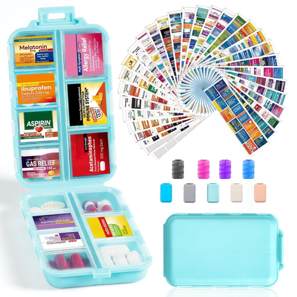 14 Grids Travel Pill Organizer Box with 415-Pcs Medicine Name Labels - Pocket Daily Pharmacy Case Container Kit - Travel Medication Holder Dispenser for Fish Oil Vitamin Supplement Storage - Sky Blue