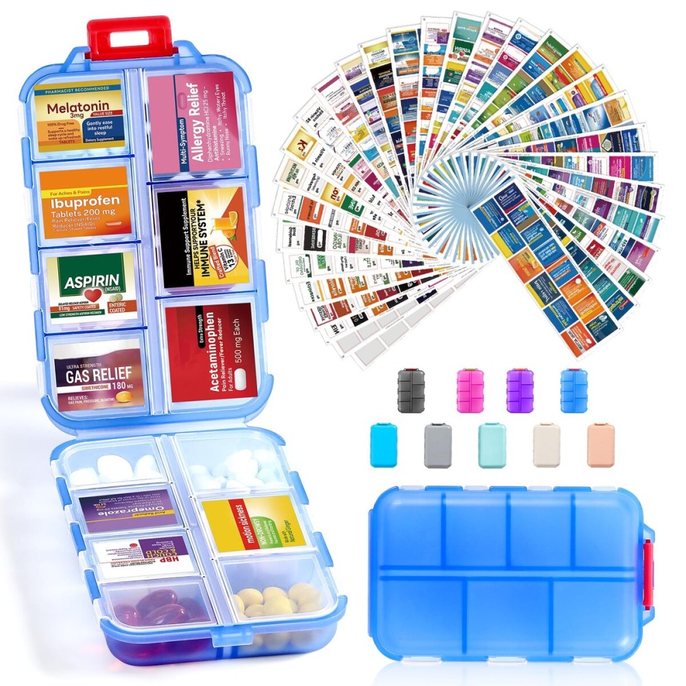 14 Grids Travel Pill Organizer Box with 415-Pcs Medicine Name Labels - Pocket Daily Pharmacy Case Container Kit - Travel Medication Holder Dispenser for Fish Oil Vitamin Supplement Storage -Clear Blue