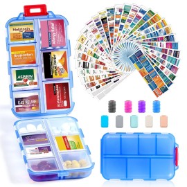 14 Grids Travel Pill Organizer Box with 415-Pcs Medicine Name Labels - Pocket Daily Pharmacy Case Container Kit - Travel Medication Holder Dispenser for Fish Oil Vitamin Supplement Storage -Clear Blue
