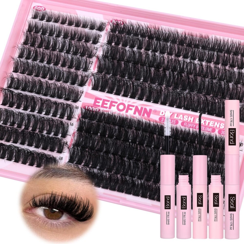 Eefofnn Lash Clusters Kit Full Lash Extension Kit 300 pcs Volumious Eyelash Clusters Thick 60D+80D+100D Cluster Eyelash Extensions with Bond and Seal Glue Mixed Styles D Curly Individual Lashes Kit