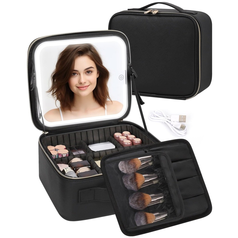 TANTO Makeup Bag With LED Mirror, Travel Makeup Case with Light up Mirror Large Cosmetic Case with 3 Color Lighted Portable Organizer Bag with Adjustable DividersBlack