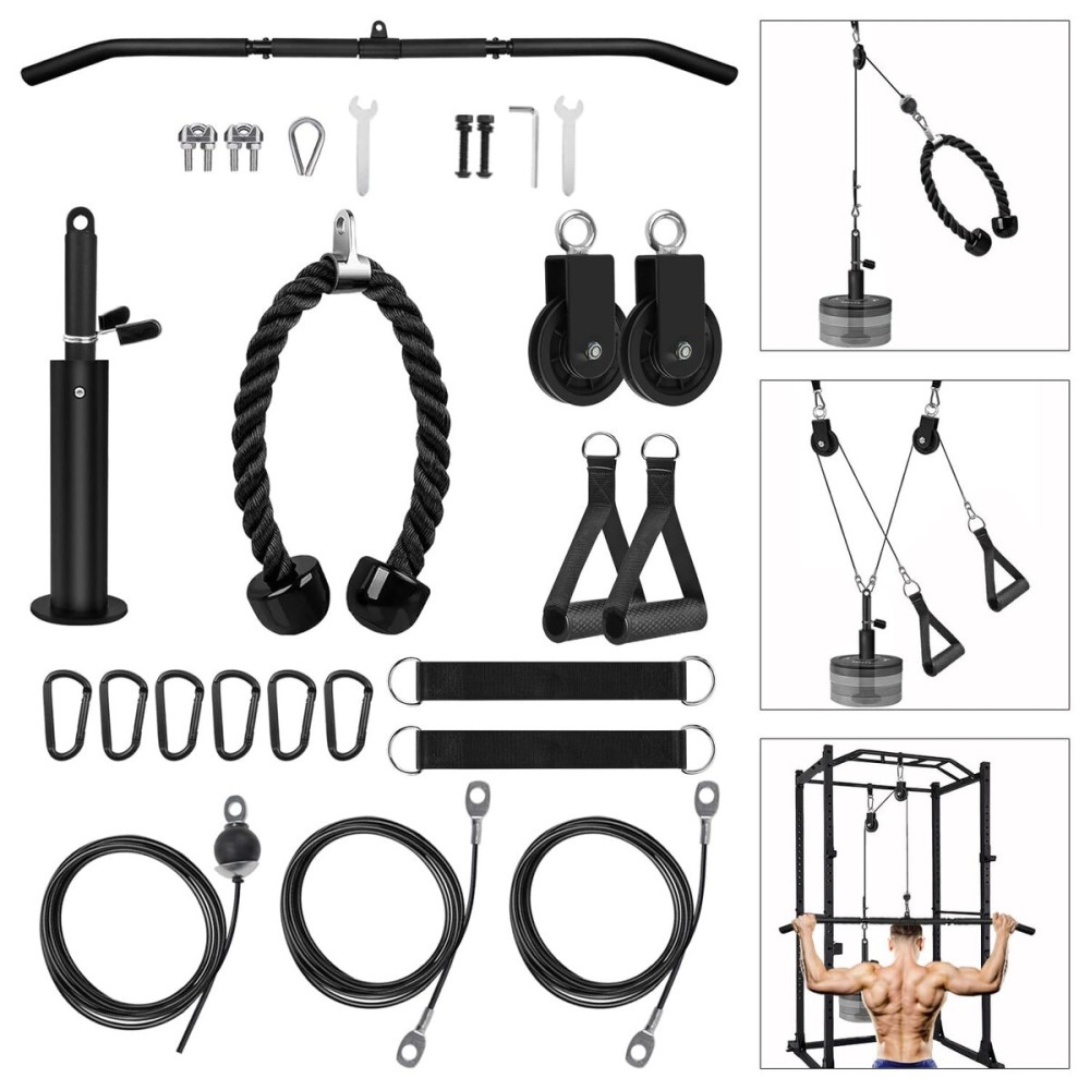 LFJ LAT Pull Down and Lift Weight Pulley System Cable Machine Pulley Attachment for Triceps Pull Down, Biceps Curl, Back, Forearm, Shoulder Home Gym Equipment (Set with Adjustable Bar)