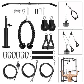 LFJ LAT Pull Down and Lift Weight Pulley System Cable Machine Pulley Attachment for Triceps Pull Down, Biceps Curl, Back, Forearm, Shoulder Home Gym Equipment (Set with Adjustable Bar)