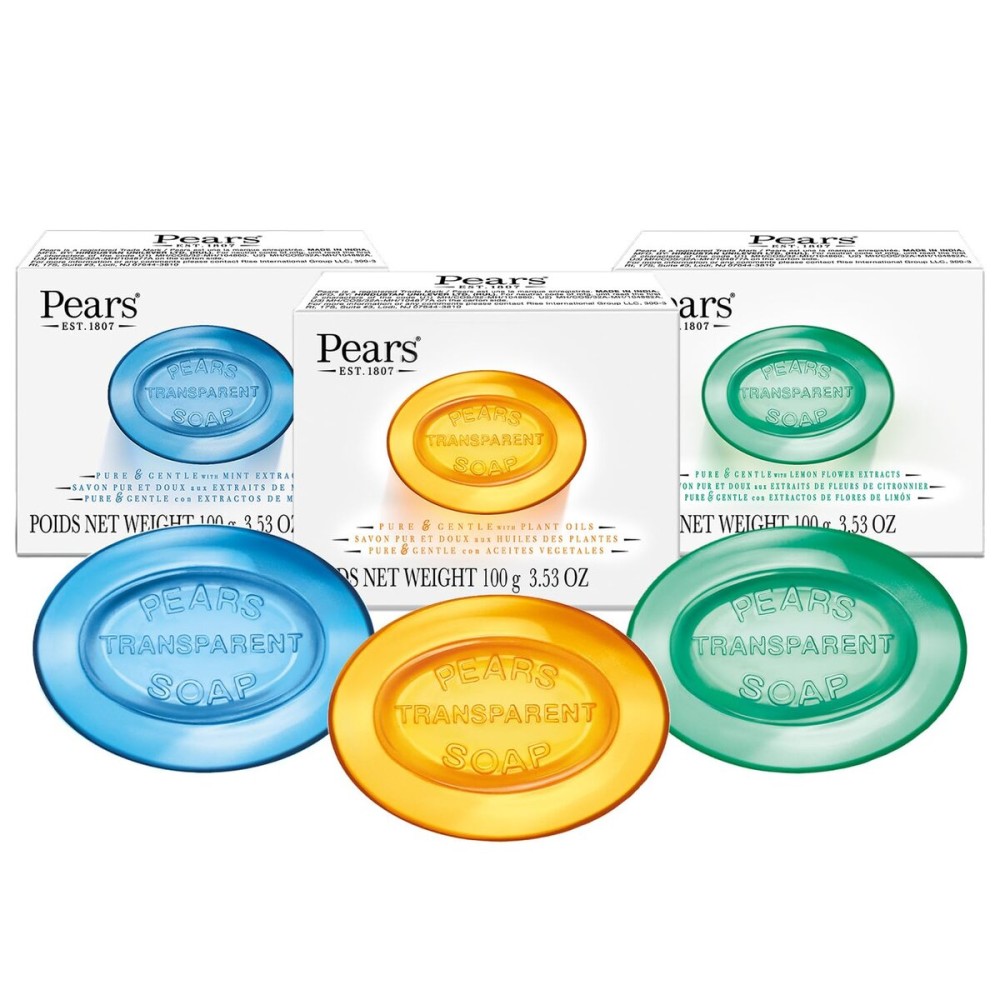 Pears Soap, Pure & Gentle Glycerin Soap Variety 3-Pack - Blue with Mint Extracts, Green with Lemon Flower Extract, and Amber with Natural Oils, 4.4 Oz Ea