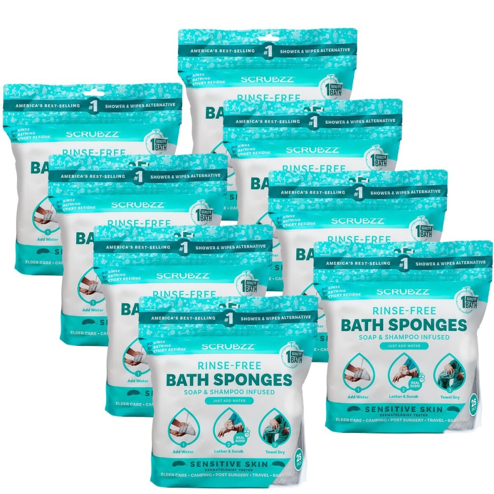Scrubzz Disposable No Rinse Bathing Wipes for Sensitive Skin - All-in-1 Single Use Shower Wipes, Simply Dampen, Lather, and Dry Without Shampoo or Rinsing (Sensitive Skin, 8-Pack)