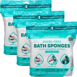 Scrubzz Disposable No Rinse Bathing Wipes for Sensitive Skin - All-in-1 Single Use Shower Wipes, Simply Dampen, Lather, and Dry Without Shampoo or Rinsing (Sensitive Skin, 3-Pack)