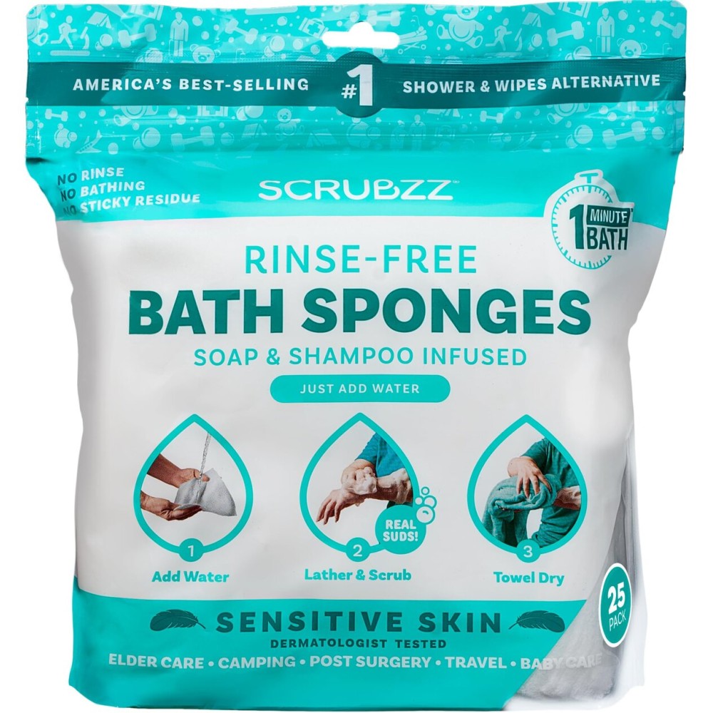 Scrubzz Disposable No Rinse Bathing Wipes for Senstive Skin - 25 Pack - All-in-1 Single Use Shower Wipes, Simply Dampen, Lather, and Dry Without Shampoo or Rinsing (Sensitive Skin, 1-Pack)