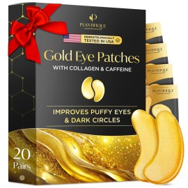 PLANTIFIQUE Gold Eye Patches for Puffy Eyes and Dark Circles 5 Pairs Under Eye Masks for Dark Circles and Puffiness Eye Gels with Collagen & Caffeine Eye Patches Gold Eye Mask Skincare