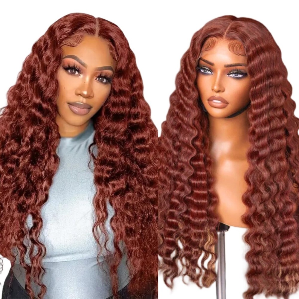 DULOVE Reddish Brown Deep Wave Lace Front Wigs Human Hair Pre Plucked with Baby Hair Glueless 13x4 Hd Transparent Lace Front Wigs Human Hair Auburn Wig 200 Density 30inch