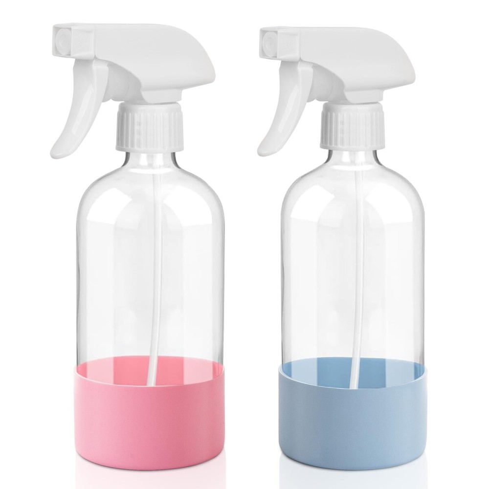 UUJOLY Plastic Spray Bottle Trigger Empty Spray Bottles Clear Refillable Container for Water, Essential Oils, Hair, Cleaning Products, Adjustable Head Sprayer and Stream, Pink + Light Blue
