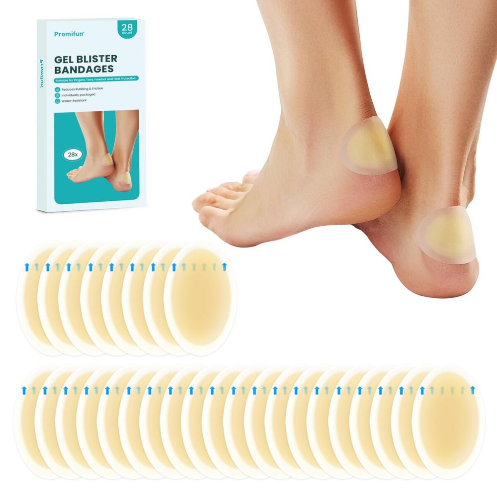 Promifun Blister Bandages Blister Pads - 28 ct Blister Cushions - Water Resistant Hydrocolloid Bandages for Foot, Toe, Heel - Gel Blister Bandages for Prevention & Recovery, Heel Pack