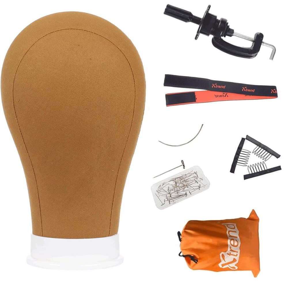 XTREND 21-24\'\' Poly Canvas Block Head for Making Head Weft/Wig/Hair Extension Making Display Styling Mannequin Head with Stand Set Manikin Canvas Head Hair Accessories