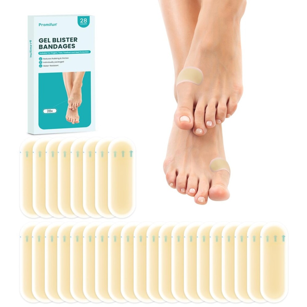 Promifun Blister Bandages - 28 ct Hydrocolloid Cushions for Foot, Toe, Heel - Water Resistant Gel Pads for Prevention & Recovery, Bunion Pack
