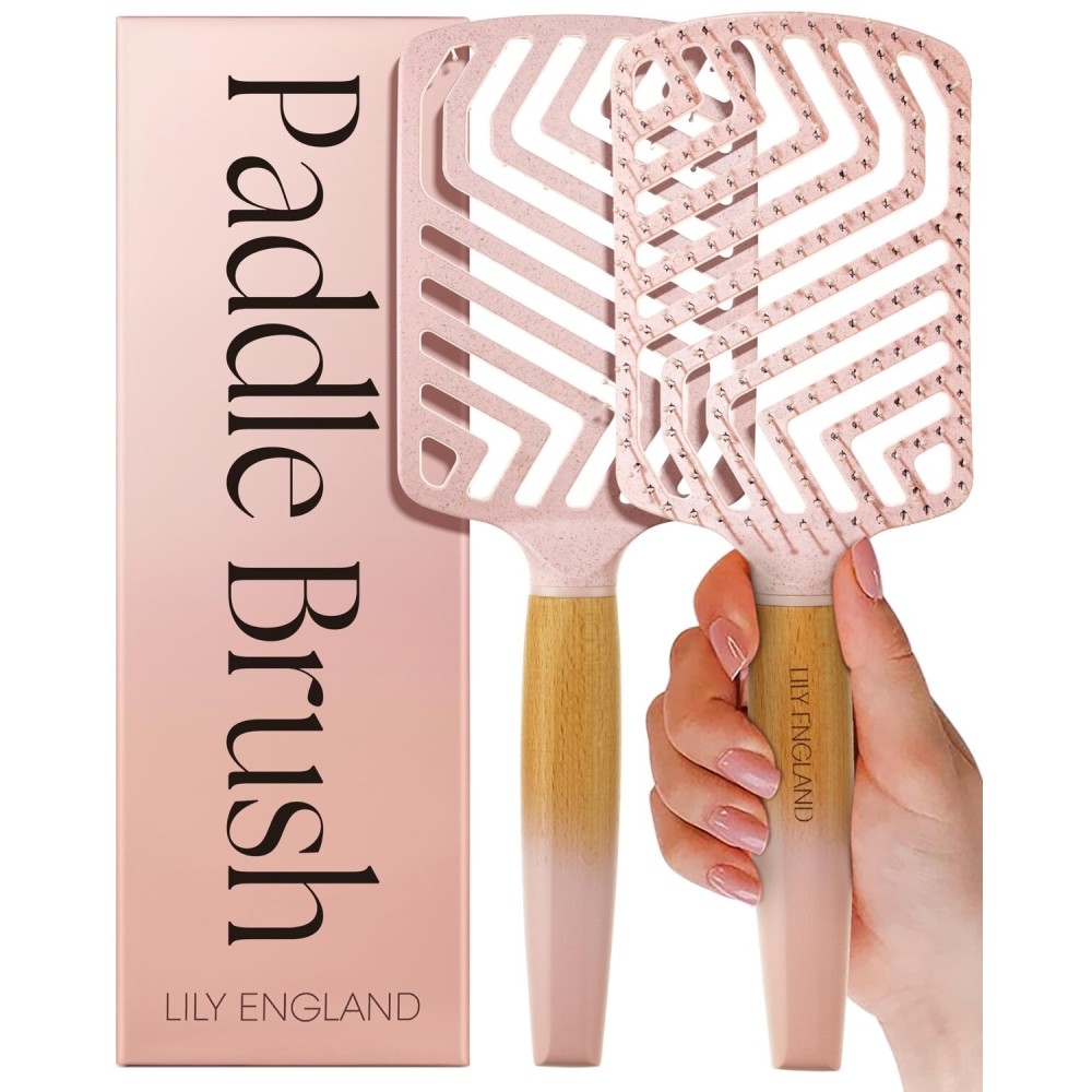 Lily England Paddle Hair Brush for Thick Hair Women - Professional Hairbrush with Vents - Lightweight Wooden Detangler for Smooth Styling - Pink