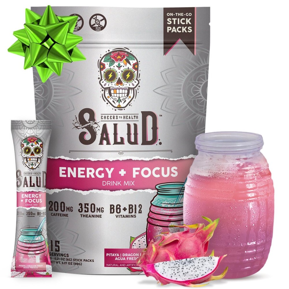 Salud 2-in-1 Energy Drink Powder + Focus, Dragon Fruit, Organic Caffeine, B6 + B12, Theanine, Clean Energy Drink Packets, Pitaya Agua Fresca Mix, Non-GMO, Gluten Free, Vegan, 1g of Sugar, (15 Servings)