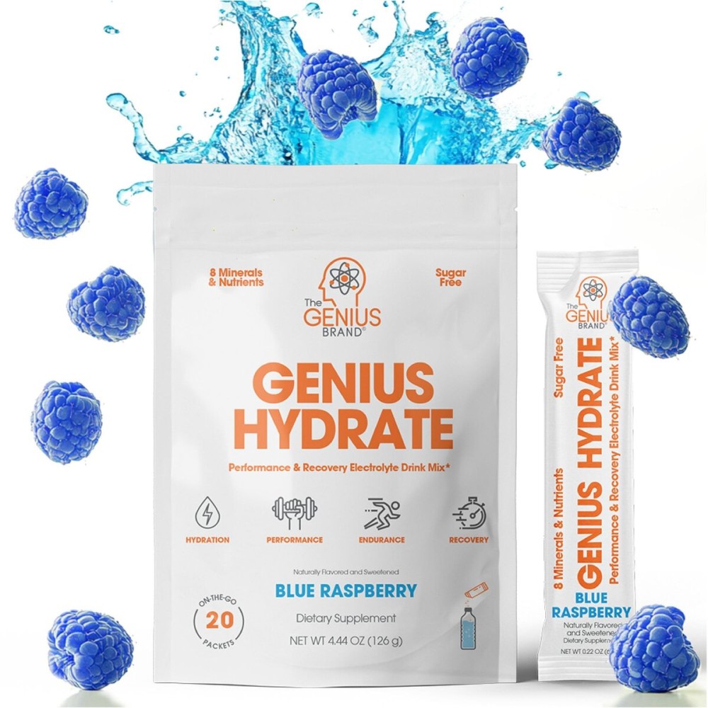 The Genius Brand - Genius Hydrate Stick Pack Powder Drink Mix - Blue Raspberry Flavor, Natural Electrolyte Booster with Coconut Water & Potassium for Ultimate Hydration - 20 Packets