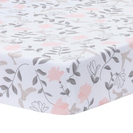 Lambs & Ivy Petals White/Pink/Gray Floral 100% Cotton Fitted Crib/Toddler Sheet