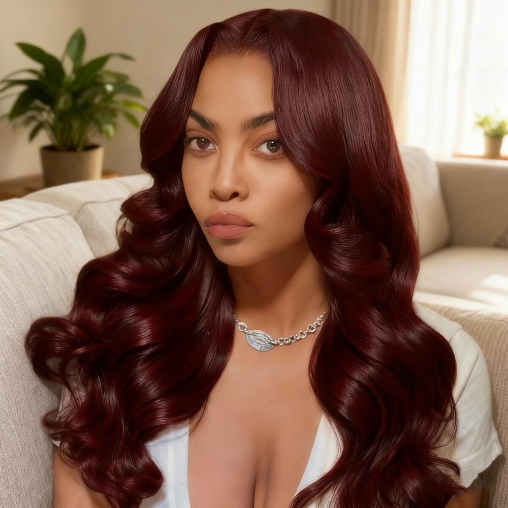 Douyin 99J Burgundy Bob Wig Human Hair 13x4 Frontal Lace Wig 16 Inch Body Wave HD Lace Front Wigs Human Hair Pre Plucked 180% Density Glueless Wine Red Bob Wigs for Women (99J Burgundy, 16 Inch)
