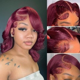 99J Burgundy Bob Wig Human Hair 13x4 Frontal Lace Wig 12 Inch Body Wave HD Lace Front Wigs Human Hair Pre Plucked 180% Density Glueless Wine Red Bob Wigs for Women (99J Burgundy, 12 Inch)