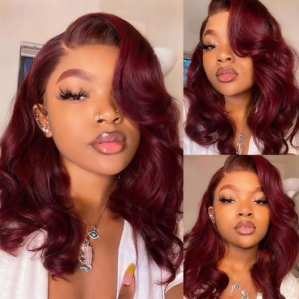 Douyin 99J Burgundy Bob Wig Human Hair 13x4 Body Wave HD Lace Front Wigs Human Hair Pre Plucked 180% Density Glueless Wine Red Lace Frontal Wigs for Black Women 14Inch