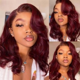 Douyin 99J Burgundy Bob Wig Human Hair 13x4 Body Wave HD Lace Front Wigs Human Hair Pre Plucked 180% Density Glueless Wine Red Lace Frontal Wigs for Black Women 14Inch