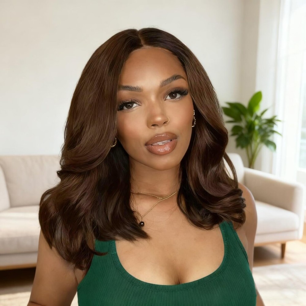 Douyin Brown Bob Wig Human Hair 13x4 Body Wave HD Lace Front Wigs Human Hair Pre Plucked Frontal Chocolate Brown Glueless Wigs for Black Women 14 Inch