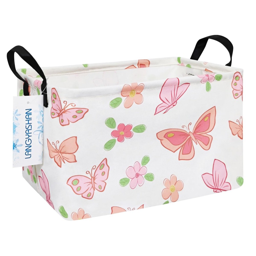 LANGYASHAN Rectangular Storage Bin Collapse Canvas Fabric Cartoon Storage Basket with Handles for Organizing Home Kitchen Boys and Girls Toys Office Closet Shelf Baskets (Rec Pink Butterfly)