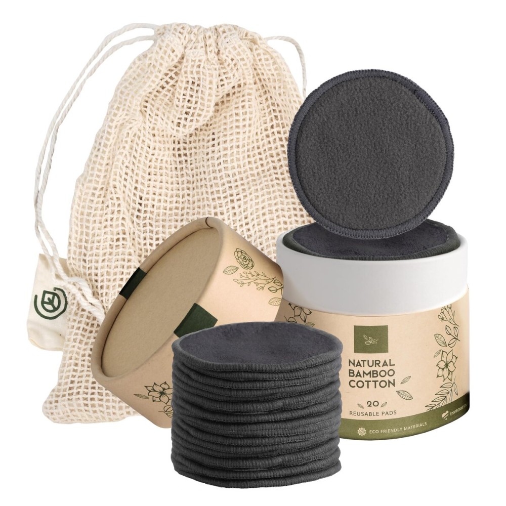 Greenzla Reusable Makeup Remover Pads - 20 Pack Organic Dark Charcoal Bamboo Cotton Pads with Mesh Laundry Bag, Cotton Travel Pouch, & Cotton Rounds Holder, Sustainable Face Wipes for All Skin Types