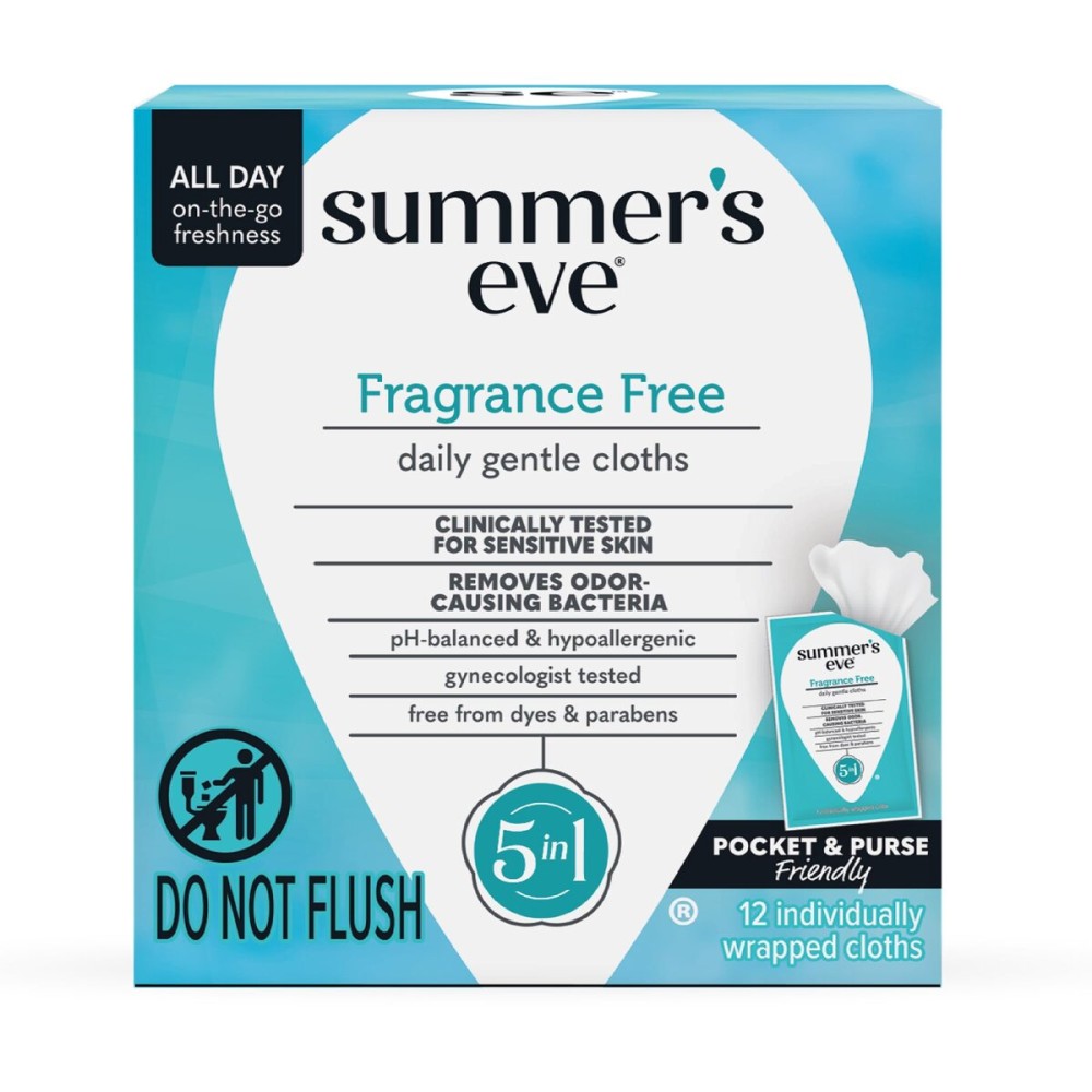 Summer\'s Eve Fragrance-Free Feminine Wipes, Gentle pH-Balanced Micellar Water Based Formula Helps Control Vaginal Odor, Individually Wrapped, 12 Wipes