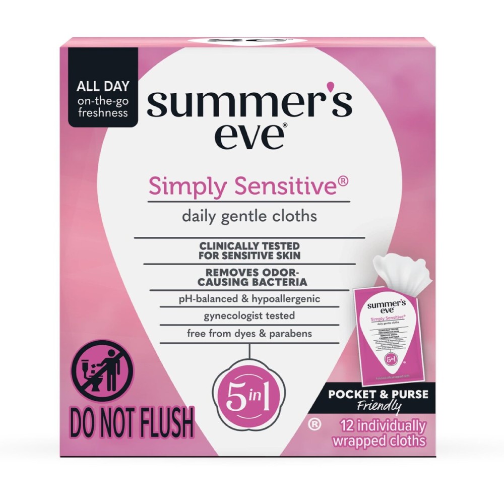 Summer\'s Eve Simply Sensitive Feminine Wipes, Gentle pH-Balanced Micellar Water Based Formula Helps Control Vaginal Odor, Individually Wrapped Wipes, 12 Count