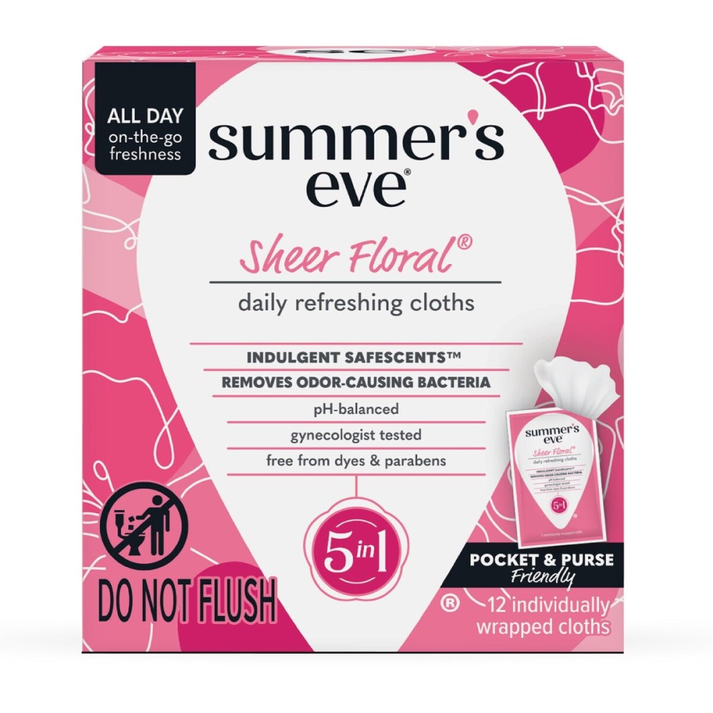 Summer\'s Eve Sheer Floral Feminine Wipes, Gentle pH-Balanced Formula Helps Control Vaginal Odor, Individually Wrapped Wipes, 12 Count