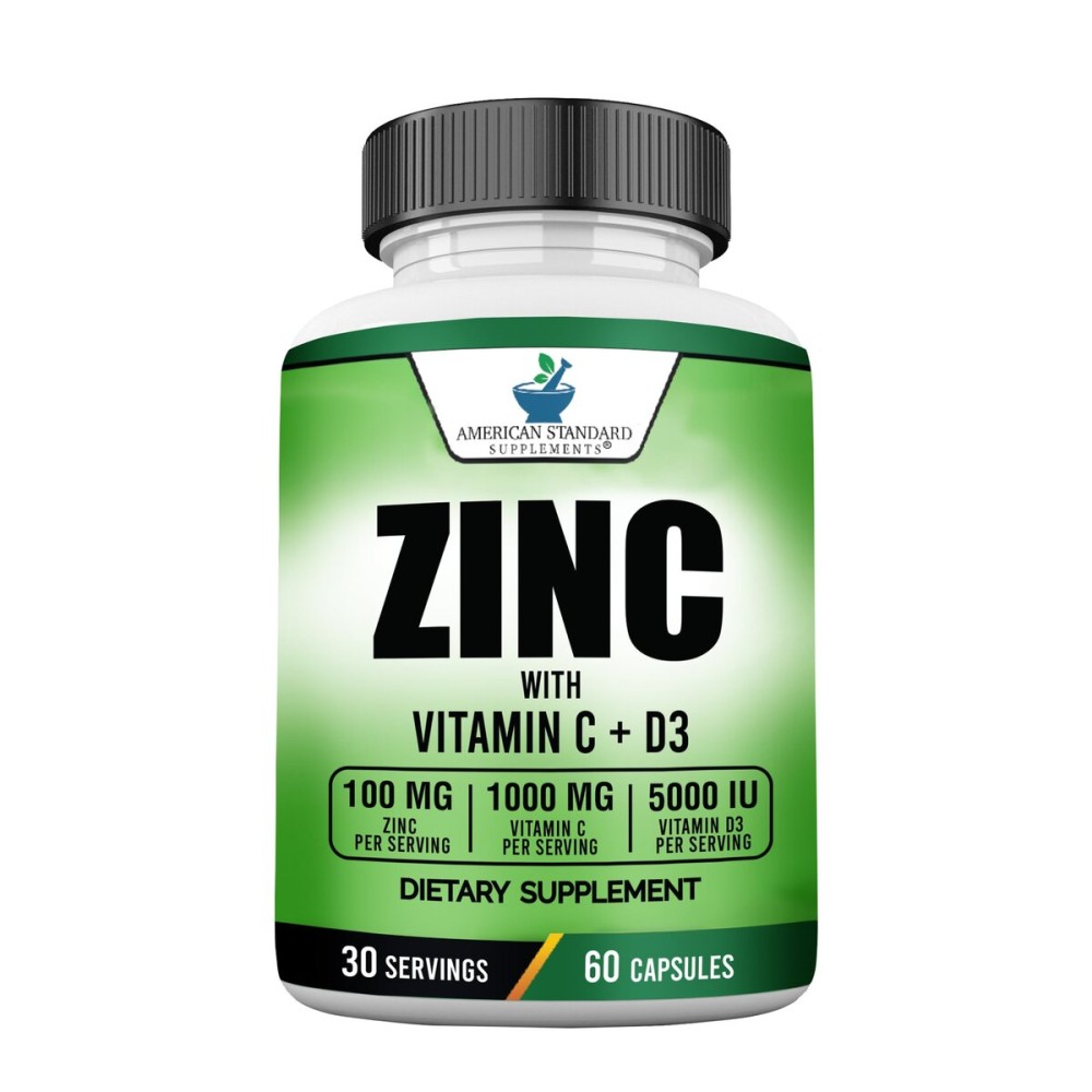 American Standard Supplements Zinc 100mg, Vitamin C 1000mg, and Vitamin D3 5000 IU (125mcg) Per Serving - Gluten Free, Non-GMO, 60 Capsules, 30 Servings