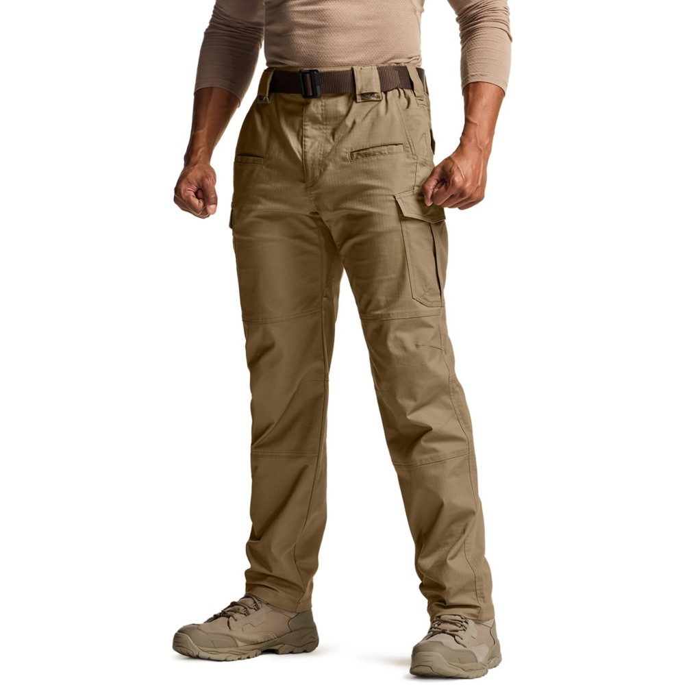CQR Men\'s Flex Stretch Tactical Pants, Water Resistant Ripstop Cargo Pants, Lightweight EDC Outdoor Work Hiking Pants, Tac-Stretch Cargo Cougar, 42W x 30L