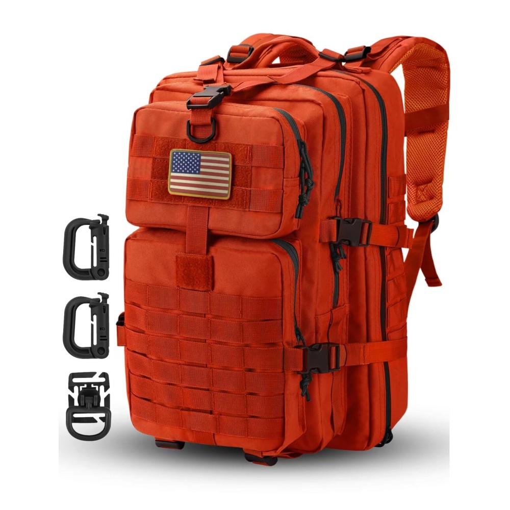 Hannibal Tactical MOLLE Assault Backpack, Tactical Backpack Military Army Camping Rucksack, 3-Day Pack Trip w/USA Flag Patch, D-Rings, Orange