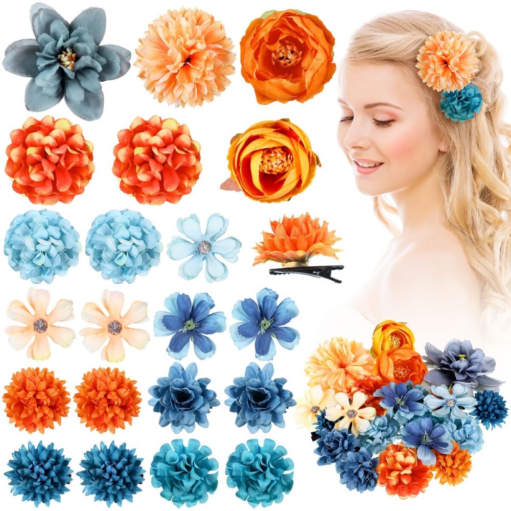 BBTO 21 Pcs Flower Hair Clip Rose Hair Clips Barrettes for Women Flower Accessories Boho Bride Claw Clip Hairpin Brooch Pin Headpiece for Wedding(Orange Blue Series)