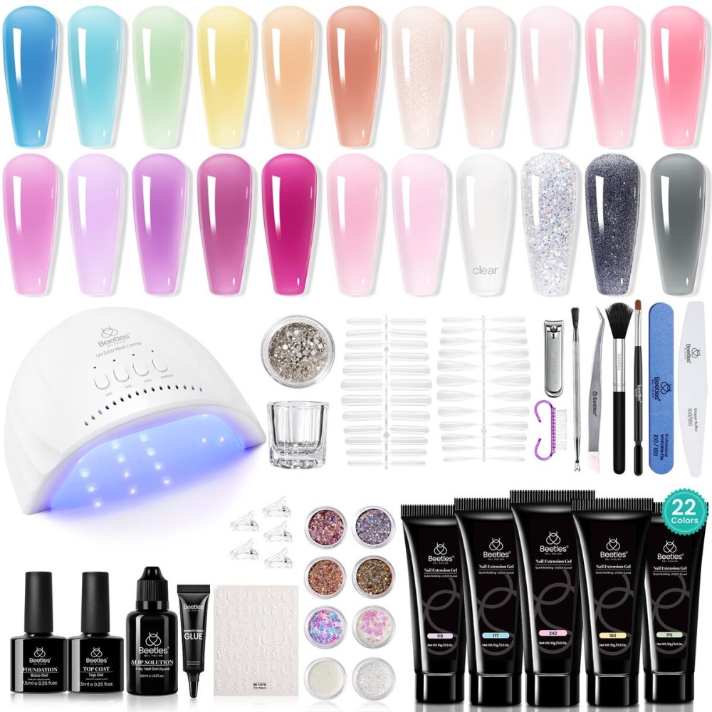 Beetles 22 Colors Poly Extension Gel Nail Kit With U V Lamp Nude Pink Clear All In One Poly Nail Gel Starter Kit With Nail Accessories Manicure DIY Home Salon Gift for Women Girls