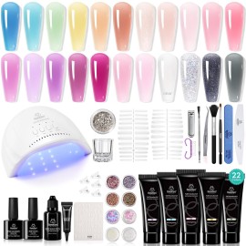 Beetles 22 Colors Poly Extension Gel Nail Kit With U V Lamp Nude Pink Clear All In One Poly Nail Gel Starter Kit With Nail Accessories Manicure DIY Home Salon Gift for Women Girls