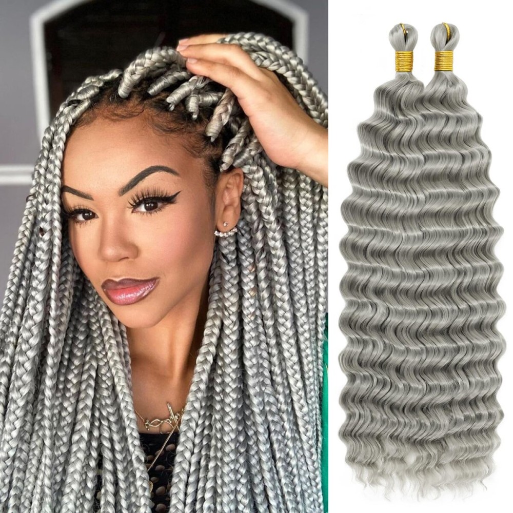 Eerya Long Curly Braiding Hair 18 Inch 2 Packs Grey Ocean Wave Crochet Hair for Black Women Deep Wave Braiding Hair for Boho Braids (18 inch, Grey)
