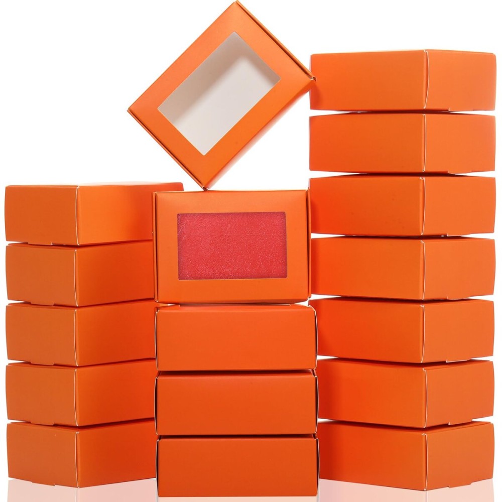 Zonon 30 Pcs Soap Boxes for Homemade Packaging, Mini Kraft Treat Boxes with Window for Bakery Candy Soap Making Gift Packaging(3.7 x 2.6 x 1.37 Inch,Orange)