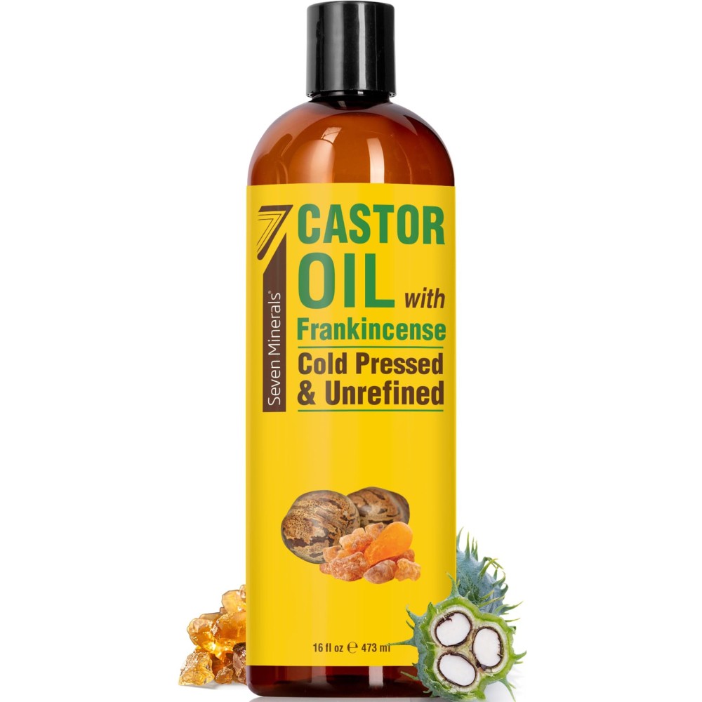 Seven Minerals Cold Pressed Castor Oil with Frankincense - 16 fl oz Bottle - Unrefined & Hexane Free - Hair Growth, Thicker Eyelashes & Eyebrows, Dry Skin Care, Joint and Muscle Relief (Pack of 1)