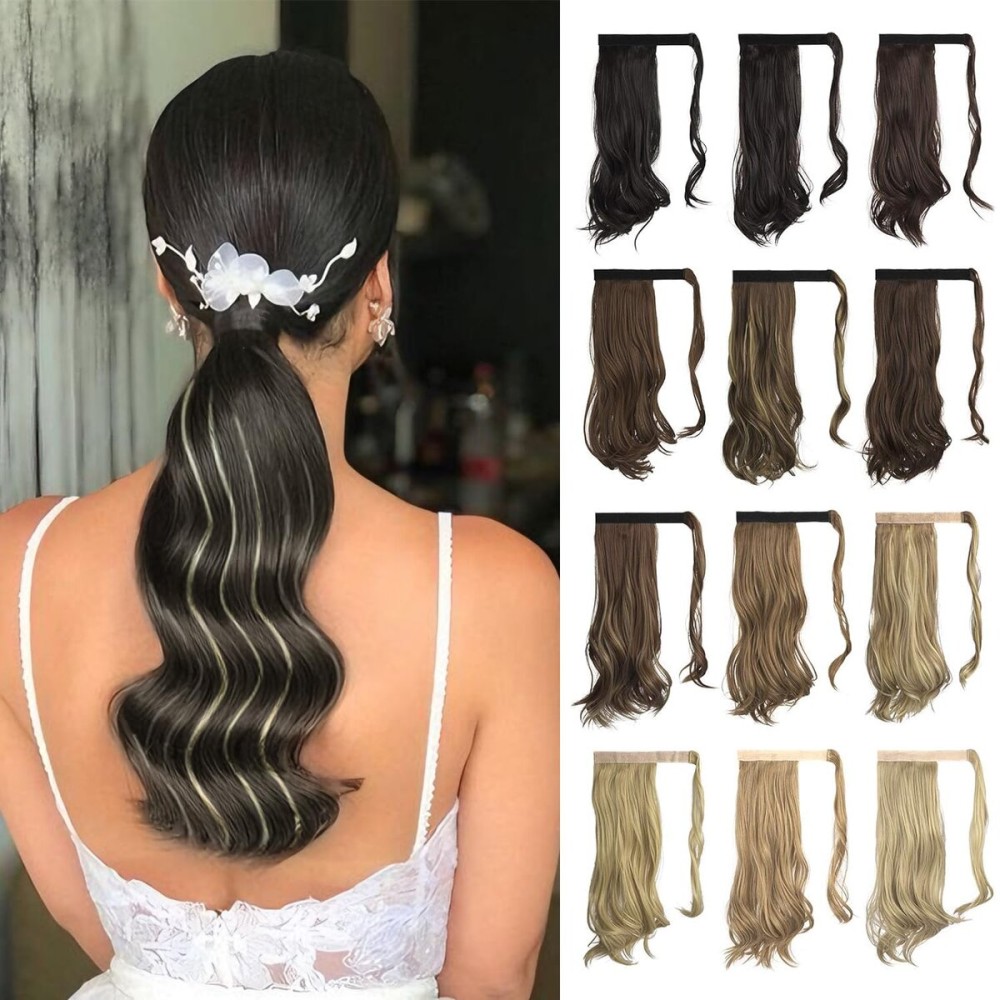 SOFEIYAN Curly Ponytail Extension 15 Inch Heat Resistant Synthetic Natural Wavy Hairpiece Wrap Around Pony Tail Hair Extensions for White Black Women Hair Piece, Black Brown & Bleach Blonde