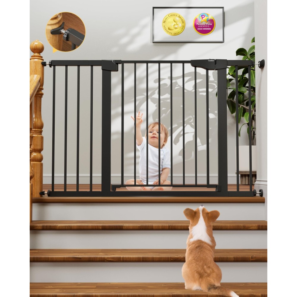 Cumbor 29.7-48 Baby Gate for Stairs, Mom\'s Choice Awards Winner-Dog Gate for Doorways, Auto Close Safety Pet Gate for Dogs Indoor, Easy Install Pressure Mounted Child Gate with Walk Thru Door, Black