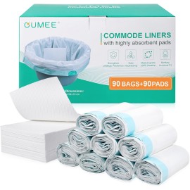 OUMEE Commode Liners with Absorbent Pads, 90 Bedside Commode Liners and 90 Pads for Commode Bucket, Disposable Commode Bags for Adults, Portable Leak-Proof Potty Chair Liners